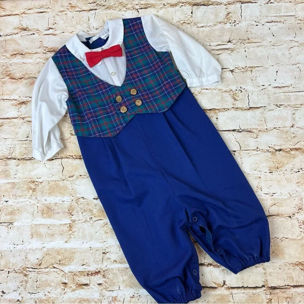 Vintage 80s Alexis Plaid Vest Baby Romper with Red Bow Tie